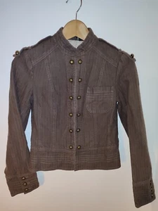 H&M Chocolate Brown Cotton Denim Military Style Fitted Jacket Short 36 8 NEW - Picture 1 of 8