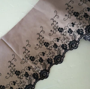 5 Yards 6" wide Satin Light Brown Lace with Embroidered Black Flower b0319 - Picture 1 of 2