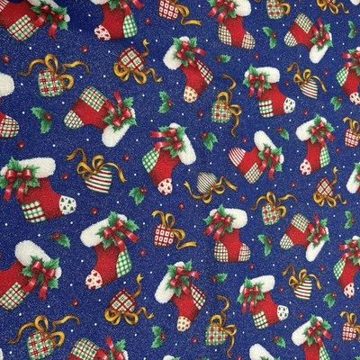 Cranston Print Christmas Stocking Hearts Cotton Fabric Gold Glitter 3 Yds Blue - Image 1 of 4