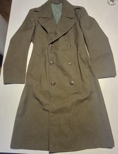 Vintage US Army Wool Serge Green Overcoat Trench Coat Military Marines - Picture 1 of 10