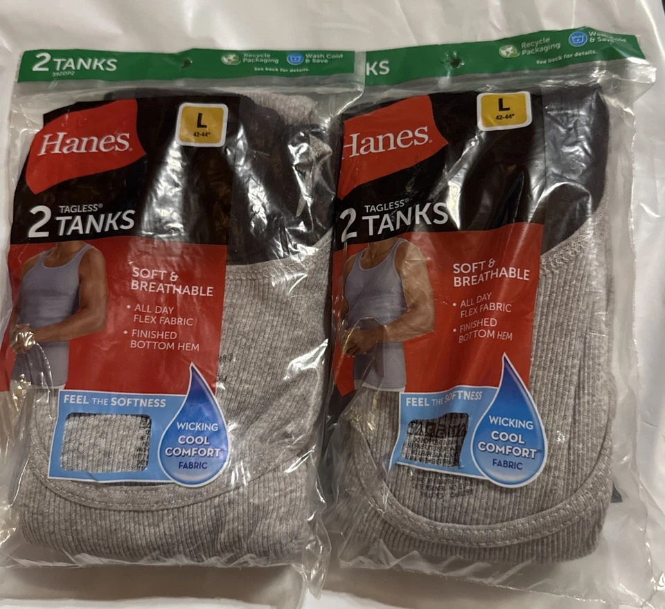Hanes Men's 2XL Tagless Tanks 4 TANKS Undershirts GRAY & BLACK Ribbed