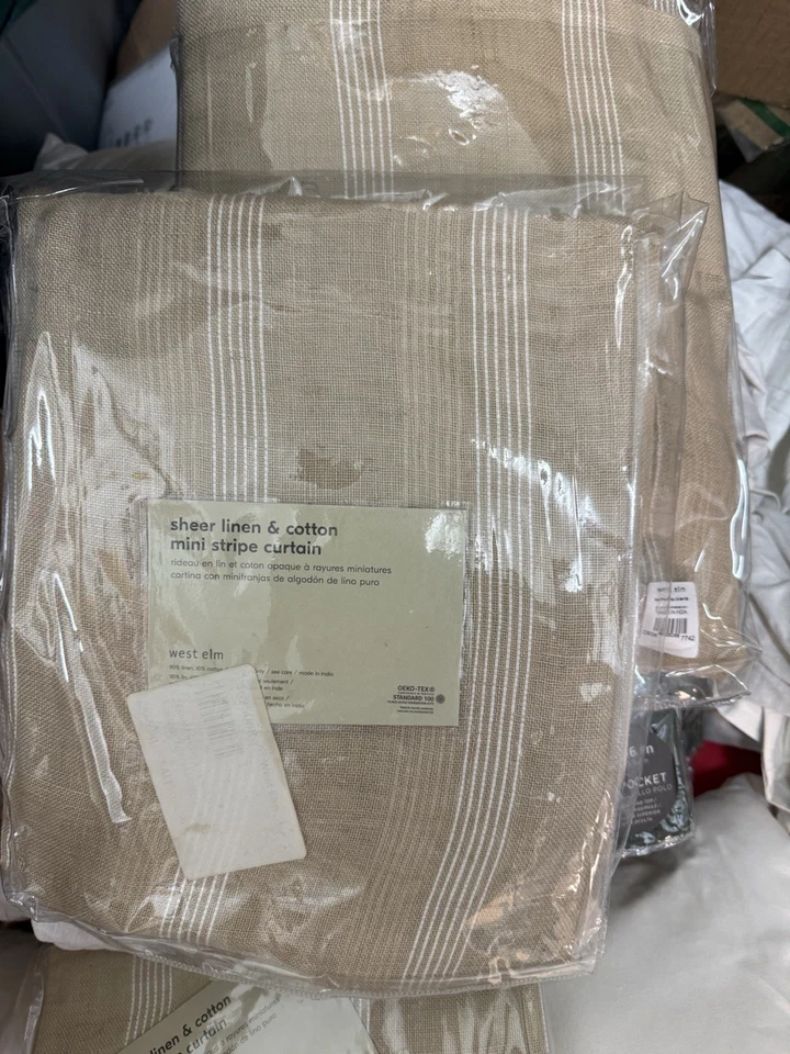 2 West Elm Sheer Linen Cotton Mini Stripe Curtains drapes Natural White 48 84 Ne - Image 1 of 1