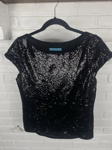 Alice Olivia Black Solid Sequin Short Sleeve Blouse Size Small Party Silk NYE - Picture 1 of 5