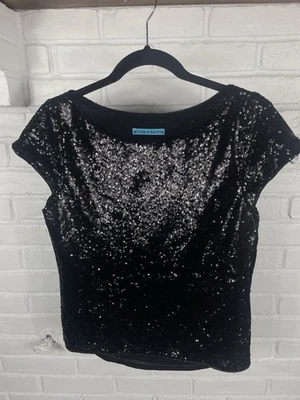 Blusa Alice Olivia Negra Lentejuelas Sólidas Manga Corta Talla Pequeña Fiesta Seda Año Nuevo Foto 1 de 4