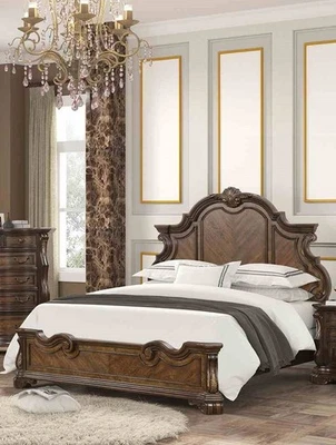 Traditional Dark Brown Eastern King Size 1pc Wooden Panel Bed Set Ornate Molding - Image 1 of 4