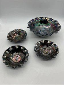 Set Black Australian Carnival Glass Bowls Kangaroo Amethyst Crown Crystal 4696 - Picture 1 of 24