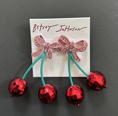 Betsey Johnson Disco Ball Red Cherry w/ Pink Bow Drop EARRINGS Studs Dangle NEW - Image 1 of 4