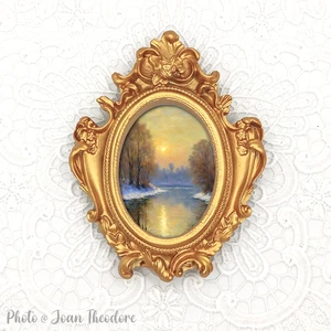 Sunrise River Landscape Mini Art Print in Warm Gold Vintage Style Ornate Frame - Bild 1 von 2