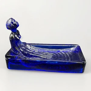 Vintage 1981 SSD Art Deco Nude Woman Blue Glass Soap/Trinket Dish - Picture 1 of 9