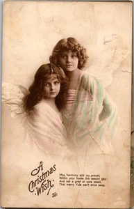 Postal de ángeles de Navidad años 1910 cromolitográfico Navidad poema sepia - Imagen 1 de 2