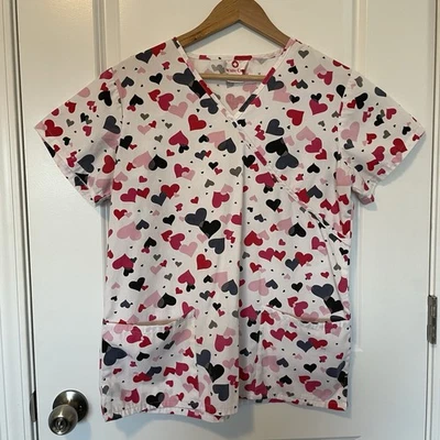 White Cross Scrub Top Size Medium Valentines Heart Print Pink Red Pockets EUC - Image 1 of 4