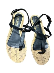 Lauren Ralph Lauren Womens Black Leather & Cork Sandals With Gold Accents Ankle - Picture 1 of 7
