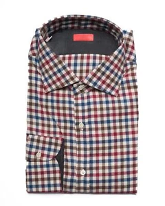 Isaia $675 Burgundy Blue Plaid Mix Modern Fit Flannel Cotton Shirt (18 US) 45 IT - Picture 1 of 4