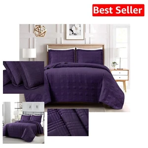 Kingston 3-Piece Dark Purple King Size Quilt Set - Lightweight & Oversized - Picture 1 of 11
