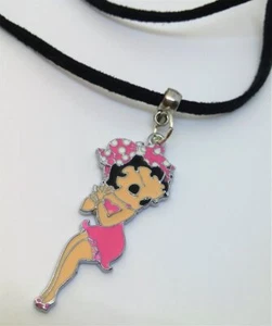 Betty Boop in Pink Charm on Black Suede Cord Necklace - Picture 1 of 3