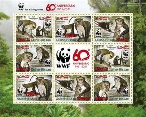 WWF 60th Campbell's Mona MONKEY Red OVERPRINT 8v-Stamp Sheet 2021 Guinea-Bissau - Picture 1 of 1