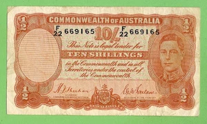 AUSTRALIAN 1939 TYPE  SHEEHAN / McFARLANE  TEN SHILLING  BANKNOTE  #F22 669165 - Picture 1 of 2