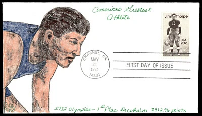 1984 Jim Thorpe FDC America's Greatest Athlete JLBY Hand Drawn Cachet - Image 1 of 2