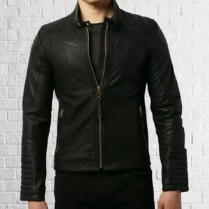 New Men's Genuine Lambskin Leather Jacket Black Motorcycle Biker Jacket - Picture 1 of 5