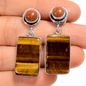 Tiger Eye Golden Sandstone Gemstone Fashion 925 Silver Earrings 1.4" ARE-5109 - Picture 1 of 3