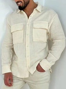 Men's Full Size Collared Neck Long Sleeve Shirt with Chest Pockets Plus Size - Picture 1 of 23