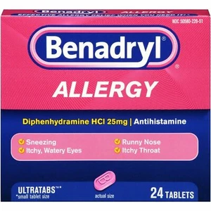 Benadryl Antihistamine Allergy Relief Ultratabs Tablets 25 mg 24 Count Pack of 6 - Picture 1 of 2