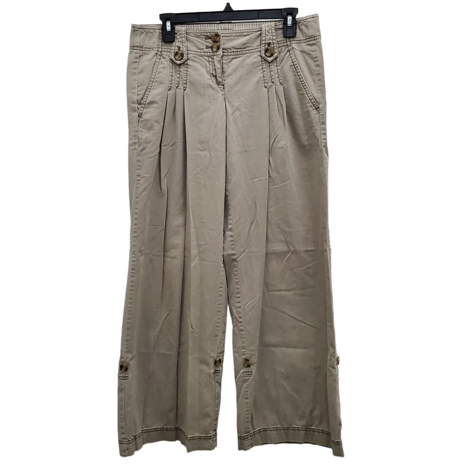 Pantalones Ann Taylor LOFT Marisa Beige Plisados Frontales Pestaña Enrollada Acampanados Pierna Ancha Talla 4 Foto 1 de 4