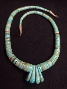 Stunning Turquoise ANTIQUE Heishi JACLA Drop Bead Necklace Royston TURQ Very Old - Picture 1 of 16