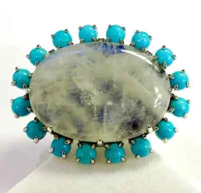 Anillo HSN Colleen Lopez Plata Esterlina Piedra Lunar y Turquesa Talla 6 Foto 1 de 4