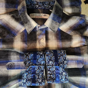 John Lennon Mens Shirt Plaid Pattern Pockets Flip Cuffs Long Sleeve Size Medium - Foto 1 di 10