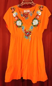 JOHNNY WAS EMBROIDERED SHIRT DRESS JERSEY SZ L ELASTIC WAIST ORANGE POCKETS - Picture 1 of 8