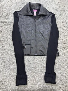 Buffalo David Bitton Jacket Women Small Black Satin Cropped Full Zip Grudge Y2K - Picture 1 of 8