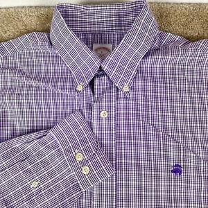 Brooks Brothers Mens button Shirt L Plaid 346 non iron white purple - Picture 1 of 15