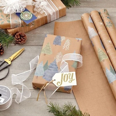 Hallmark Christmas Wrapping Paper Rolls, Brown Kraft Snowflakes, Blue and Green - Image 1 of 4