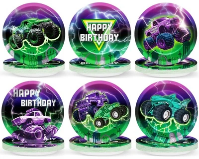 60Pcs Green Purple Monster Truck Party Paper Plates for Monster Truck Birthda... - Image 1 of 4