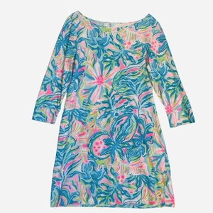 Lilly Pulitzer Marlowe Minikleid M blau rosa U-Boot-Ausschnitt Urlaub Strand Resort - Bild 1 von 7
