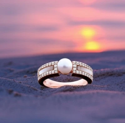 Perla cultivada de agua dulce y madreperla rosa con circonita cúbica 14k oro rosa/anillo SS, talla 6 Foto 1 de 4