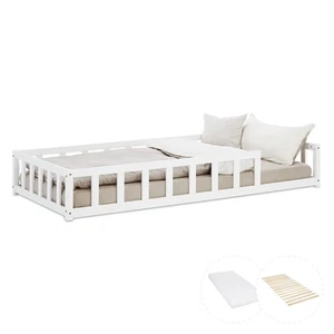 Bodenbett 90x200 Kinder mit Rausfallschutz Matratze Weiß Bett Holz Homestyle4u - Bild 1 von 12