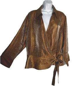 Coldwater Creek Womens XL Metallic Wrap Blouse Copper LS Top V Neck Shimmery - Picture 1 of 12