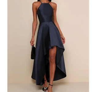 Vestido Lulus Nuevo con Etiquetas Broadway Show Azul Marino Alto-Bajo Tafetán Plisado Mediano - Imagen 1 de 11