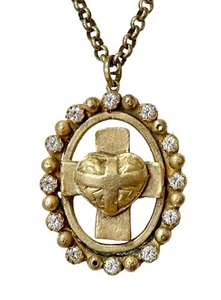 Virgins Saints Angels Cross Heart Necklace Gold Tone Crystal Brass 34” - Picture 1 of 10