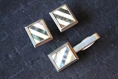 Gemelos corbata clip madreperla blanco y negro rayas plateado vintage Foto 1 de 3