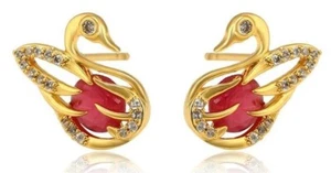EARRINGS: TRIPLE Y/G PLATED BEAUTIFUL FIREY RED ZIRCON SWANS AND WHITE ZIRCONS - Bild 1 von 5