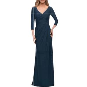 La Femme Etui-Kleid mit gerafftem Mieder in dunklem Petrolblau - Größe 10 - V-Ausschnitt NEU - Bild 1 von 6