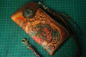 Custom Leather Biker Carved Wallet Chain Handmade Wallet Personalized Gift X34 - Picture 1 of 6