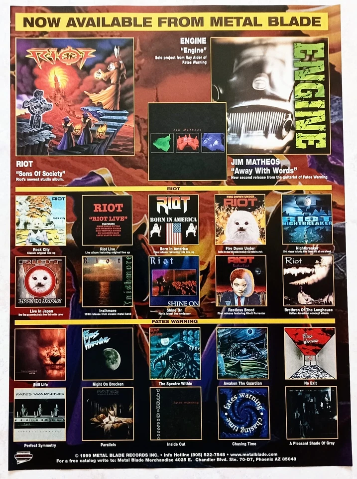 RIOT & FATES WARNING~1999 ALBUM PROMO AD ADVERT POSTER PINUP~METAL BLADE RECORDS - Image 1 of 1