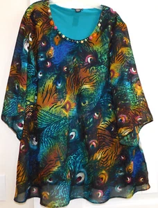 Blusa Top Metro 22 Estampado PAVO REAL IMPRESIONANTE Multicolor CUENTAS 3/4 Manga 3X - Imagen 1 de 5