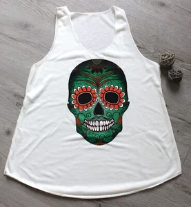 Women White Sleeveless Large Decorative Skull Top Summer Festival Size M - Picture 1 of 3