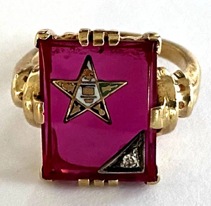 Antiguo anillo estrella masónica de oro amarillo macizo de 10K para damas piedra roja diamante talla 5 - Imagen 1 de 17