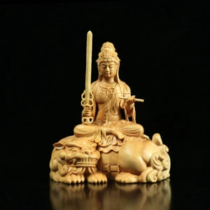 11cm Natural China Boxwood Wood Hand Carved - “文殊菩萨” Manjushri Buddha Statue - Picture 1 of 4